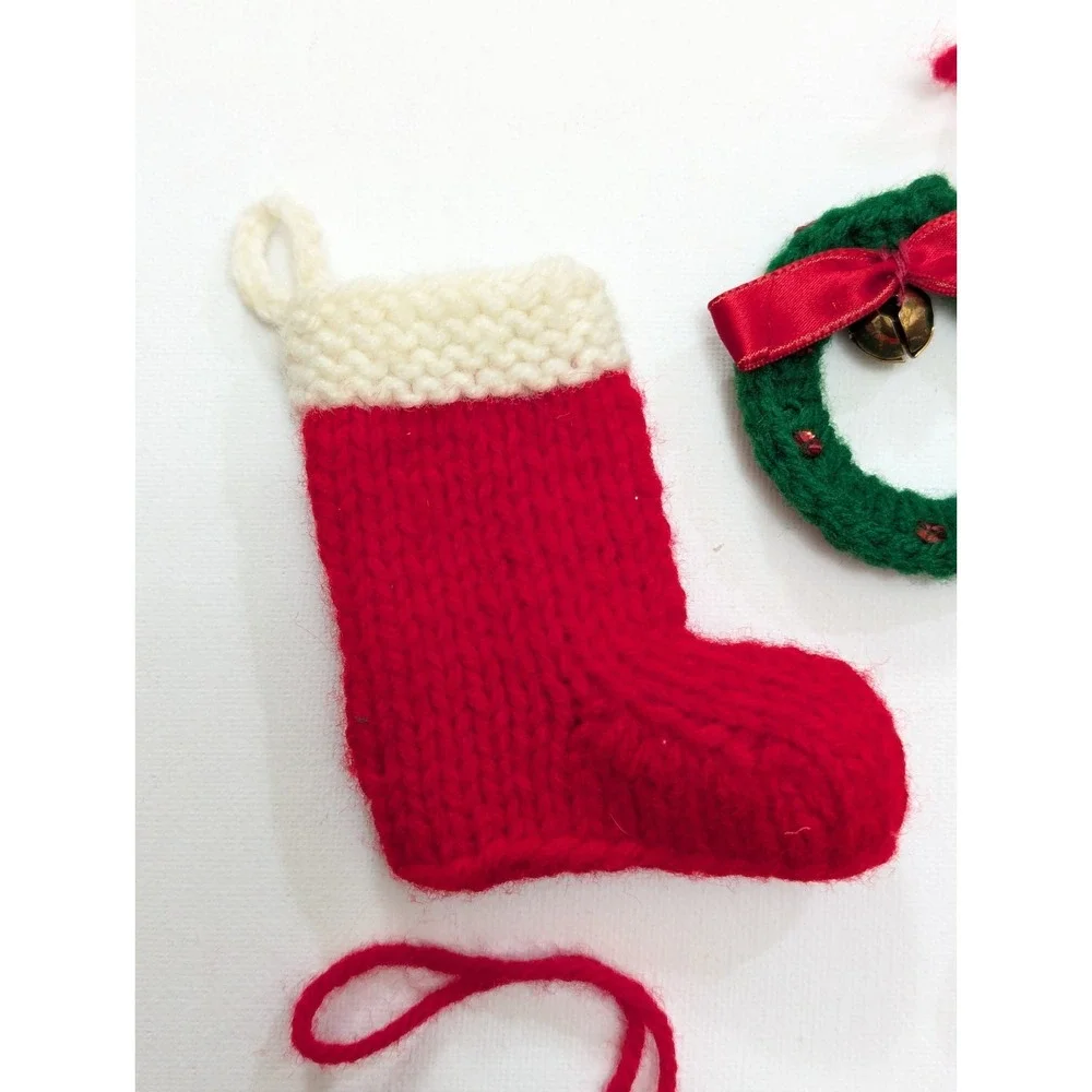 VTG Handmade Christmas Knit Crochet Plastic Canvas Yarn Ornaments Lot Of 7